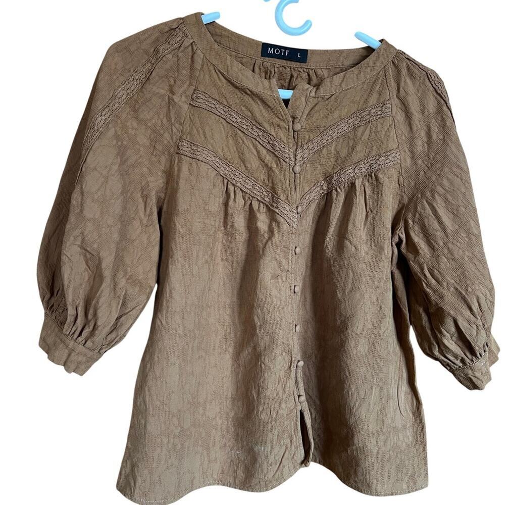 MOTF Button Down Balloon Sleeve Caramel Blouse, Women's L